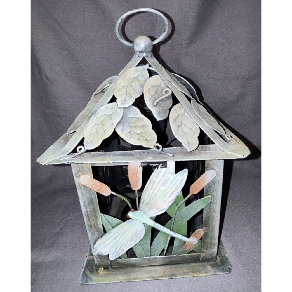 Dragonfly Tea Light Candle Lantern Metal Rustic Green 10x6
